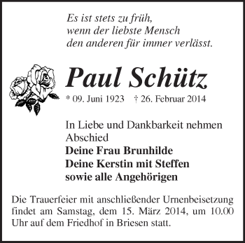 Traueranzeige von Paul Schütz von Märkische Oderzeitung