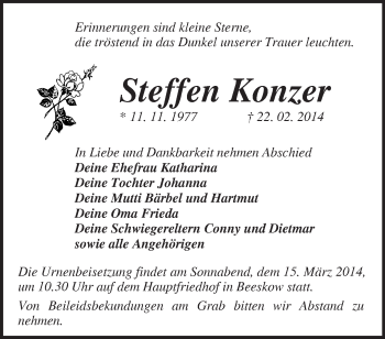 Traueranzeige von Steffen Konzer von Märkische Oderzeitung