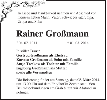 Traueranzeige von Rainer Großmann von Märkische Oderzeitung