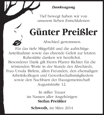 Traueranzeige von Günter Preißler von Märkische Oderzeitung