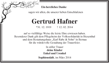 Traueranzeige von Gertrud Hafner von Märkische Oderzeitung