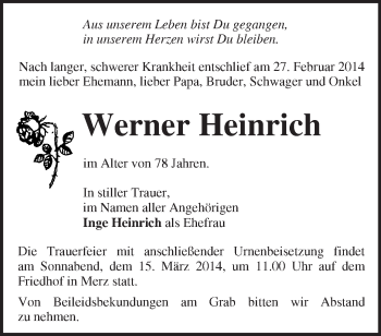 Traueranzeige von Werner Heinrich von Märkische Oderzeitung