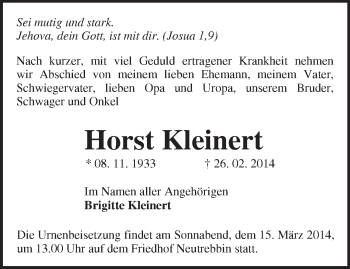 Traueranzeige von Horst Kleinert von Märkische Oderzeitung