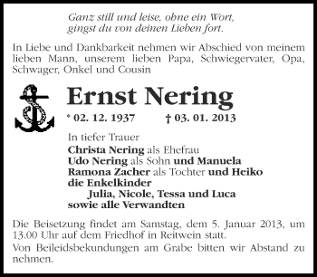 Traueranzeige von Ernst Nering von Märkische Oderzeitung