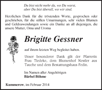 Traueranzeige von Brigitte Gessner von Märkische Oderzeitung