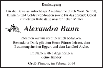 Traueranzeige von Alexandra Bunn von Märkische Oderzeitung