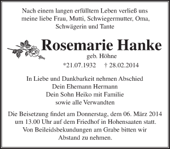 Traueranzeige von Rosemarie Hanke von Märkische Oderzeitung