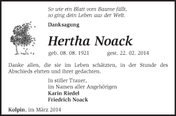 Traueranzeige von Hertha Noack von Märkische Oderzeitung