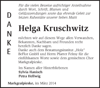 Traueranzeige von Helga Kruschwitz von Märkische Oderzeitung