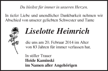 Traueranzeige von Liselotte Heimrich von Märkische Oderzeitung