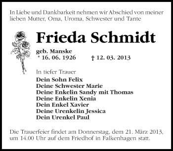 Traueranzeige von Frieda Schmidt von Märkische Oderzeitung