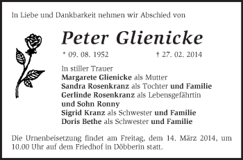 Traueranzeige von Peter Glienicke von Märkische Oderzeitung