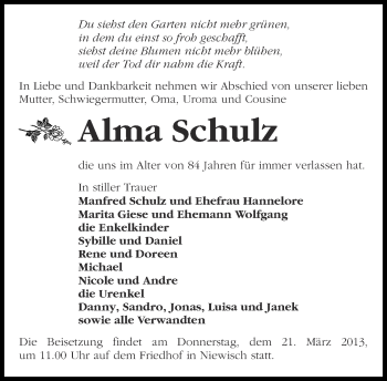 Traueranzeige von Alma Schulz von Märkische Oderzeitung