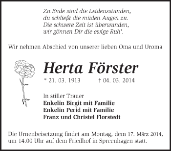 Traueranzeige von Herta Förster von Märkische Oderzeitung