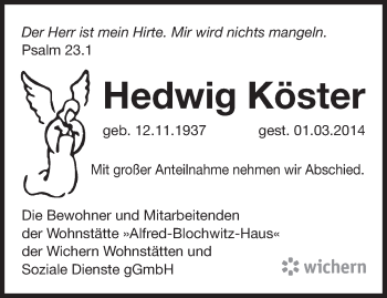 Traueranzeige von Hedwig Köster von Märkische Oderzeitung