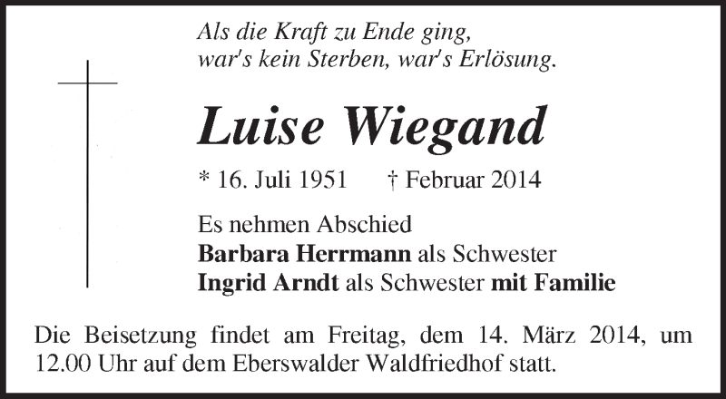 Traueranzeige für Luise Wiegand vom 12.03.2014 aus Märkische Oderzeitung