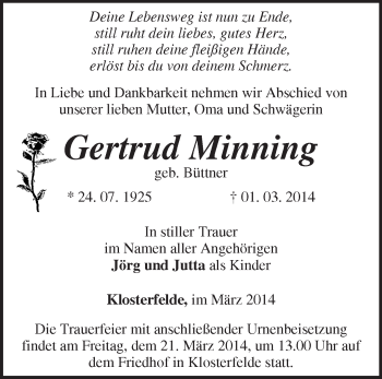 Traueranzeige von Gertrud Minning von Märkische Oderzeitung