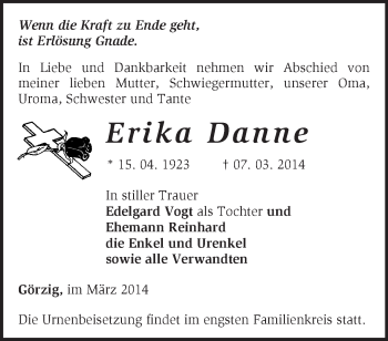 Traueranzeige von Erika Danne von Märkische Oderzeitung