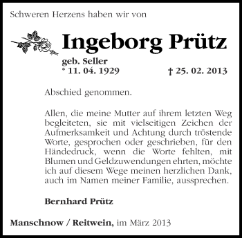 Traueranzeige von Ingeborg Prütz von Märkische Oderzeitung