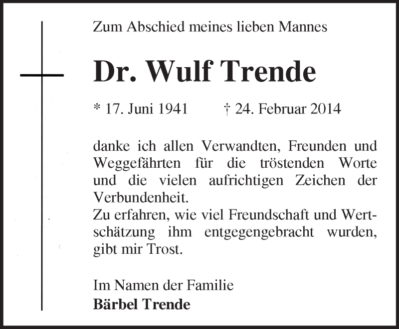  Traueranzeige für Wulf Trende vom 12.03.2014 aus Märkische Oderzeitung