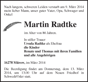 Traueranzeige von Martin Radtke von Märkische Oderzeitung