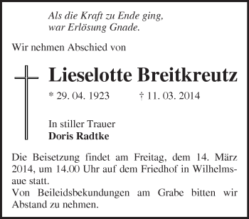 Traueranzeige von Lieselotte Breitkreutz von Märkische Oderzeitung