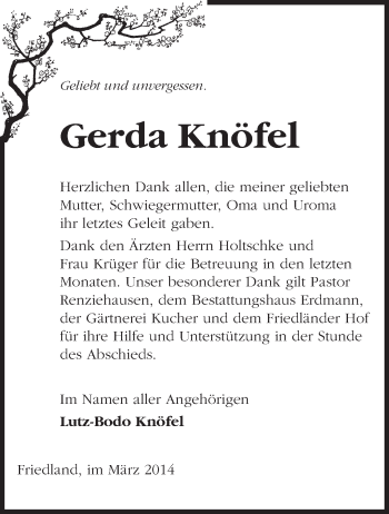 Traueranzeige von Gerda Knöfel von Märkische Oderzeitung