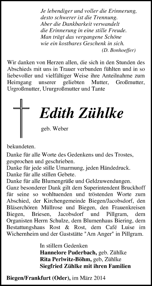  Traueranzeige für Edith Zühlke vom 15.03.2014 aus Märkische Oderzeitung