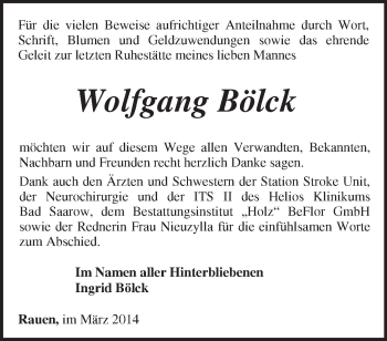 Traueranzeige von Wolfgang Bölck von Märkische Oderzeitung