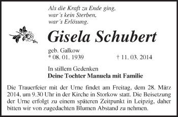 Traueranzeige von Gisela Schubert von Märkische Oderzeitung