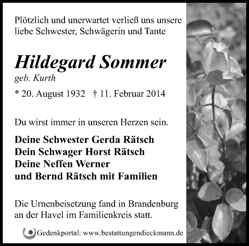  Traueranzeige für Hildegard Sommer vom 15.03.2014 aus Märkische Oderzeitung