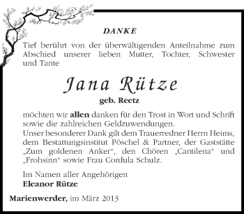 Traueranzeige von Jana Rütze von Märkische Oderzeitung