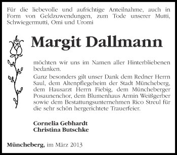 Traueranzeige von Margit Dallmann von Märkische Oderzeitung