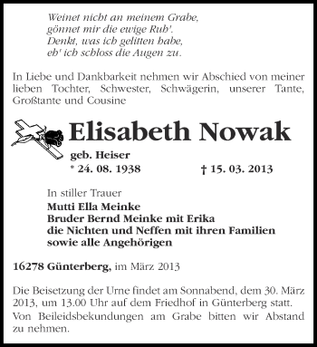 Traueranzeige von Elisabeth Nowak von Märkische Oderzeitung