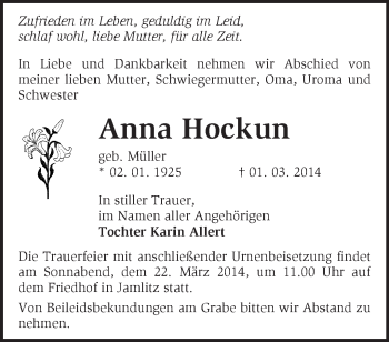 Traueranzeige von Anna Hockun von Märkische Oderzeitung