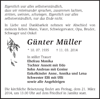 Traueranzeige von Günter Müller von Märkische Oderzeitung