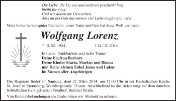 Traueranzeige von Wolfgang Lorenz von Märkische Oderzeitung