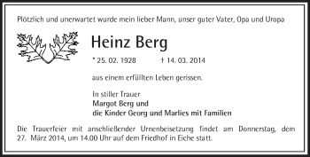 Traueranzeige von Heinz Berg von Märkische Oderzeitung