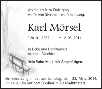 Traueranzeige von Karl Mörsel von Märkische Oderzeitung