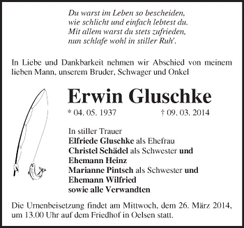 Traueranzeige von Erwin Gluschke von Märkische Oderzeitung