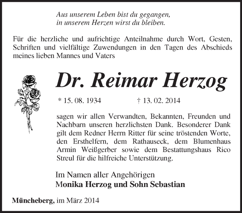  Traueranzeige für Reimar Herzog vom 22.03.2014 aus Märkische Oderzeitung
