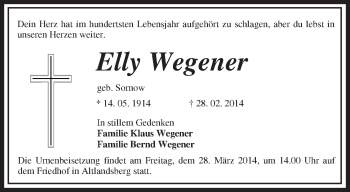 Traueranzeige von Elly Wegener von Märkische Oderzeitung