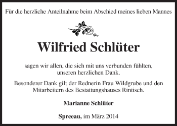 Traueranzeige von Wilfried Schlüter von Märkische Oderzeitung