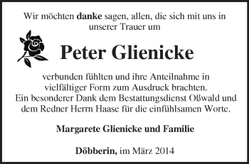 Traueranzeige von Peter Glienicke von Märkische Oderzeitung