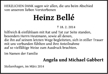 Traueranzeige von Heinz Belle von Märkische Oderzeitung