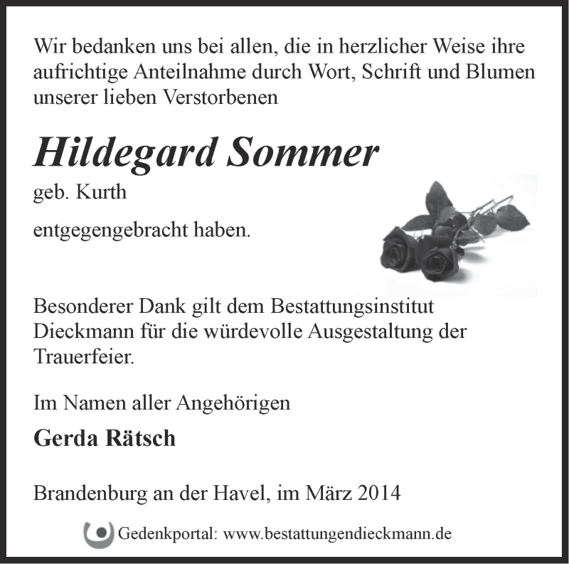  Traueranzeige für Hildegard Sommer vom 22.03.2014 aus Märkische Oderzeitung