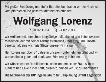 Traueranzeige von Wolfgang Lorenz von Märkische Oderzeitung