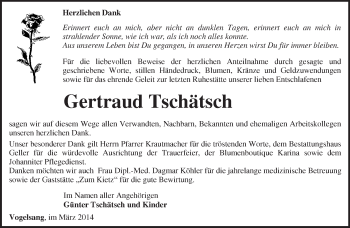 Traueranzeige von Gertraud Tschätsch von Märkische Oderzeitung