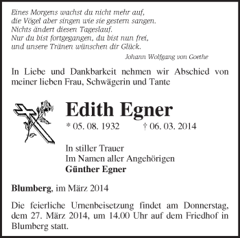 Traueranzeige von Edith Egner von Märkische Oderzeitung