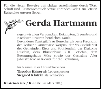 Traueranzeige von Gerda Hartmann von Märkische Oderzeitung